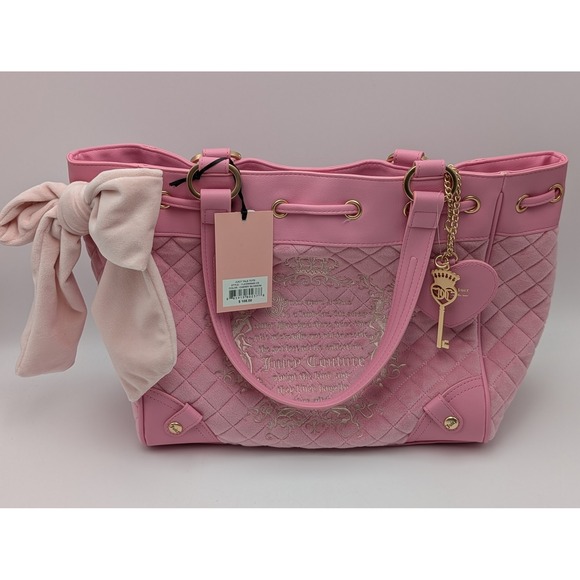 Juicy Couture Handbags - Juicy Couture Tote Women Large Pink Juicy Tale Quilted Velour Y2K Bow Charm Bag